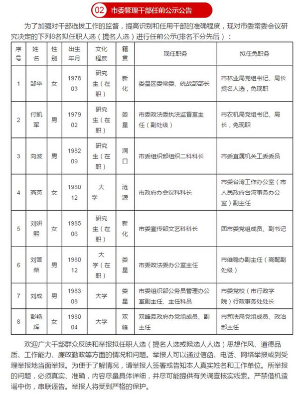 娄底市公布最新干部任前公示公告